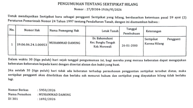 Pengumuman Sertifikat Hilang Atas Nama Muhammad Daming